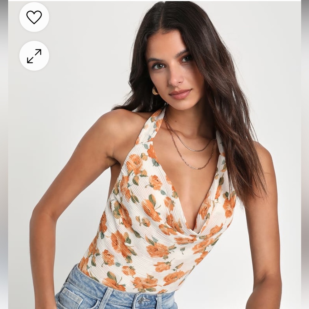 Lulus Ivory Floral Cowl Neck Bodysuit